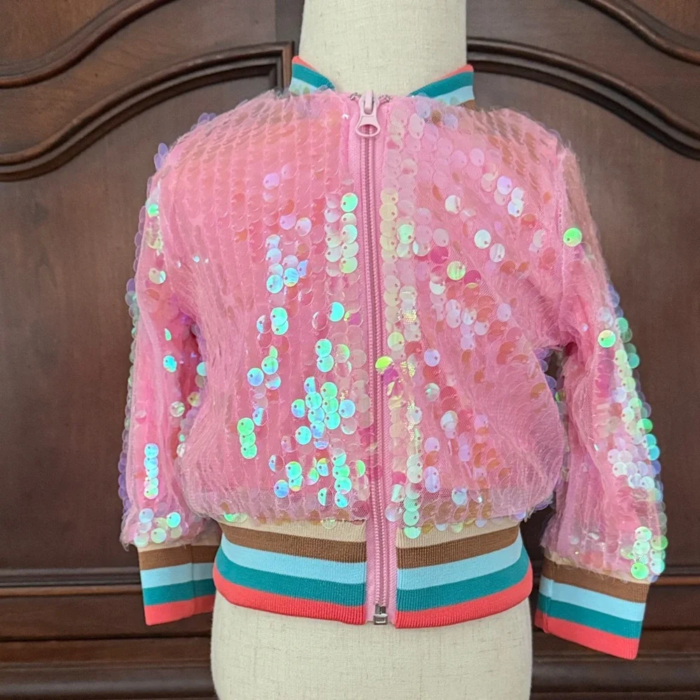 Marie Nicole Pink Iridescent Sequin Bomber Jacket Girls Boutique Zip Front